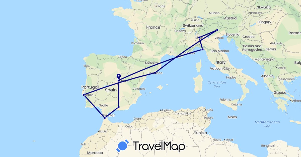 TravelMap itinerary: driving in Spain, Italy, Morocco, Portugal (Africa, Europe)